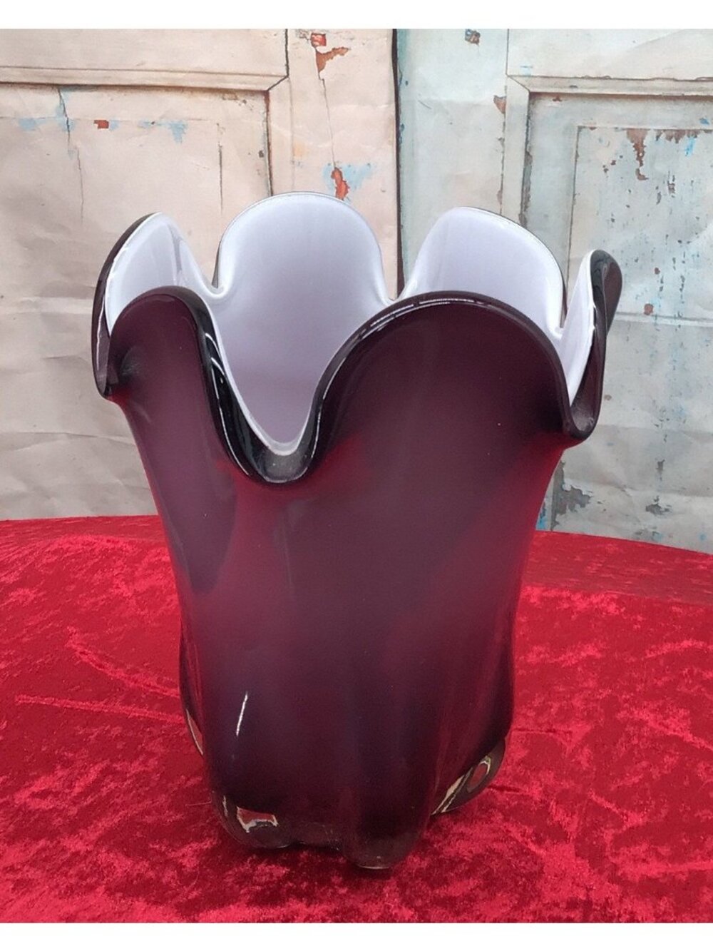 Cased 1970's Amethyst Milk Glass Scalloped Fluted Rim Vase 8" Tall Elegant Home